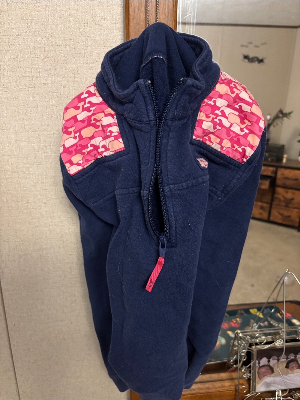 Navy Fleece Pullover with Pink Patterned Shoulder Panels